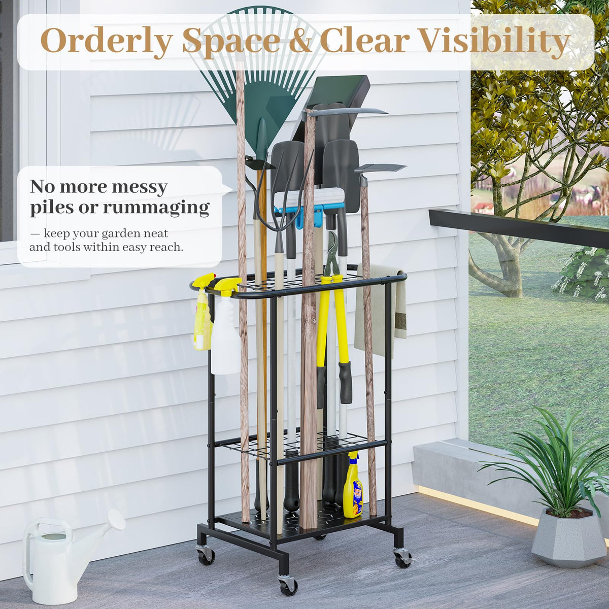 Heavy Duty Metal Garden Tool Organizer with Wheels E4316