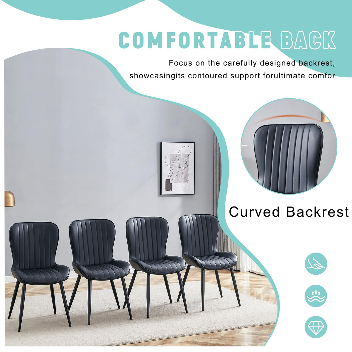 Black Dining Chairs Set of 4 PU Leather Metal Leg Z939