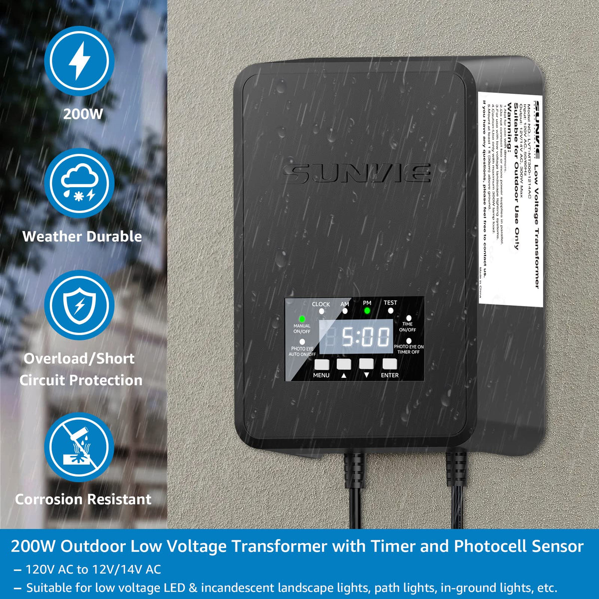 200W Landscape Lighting Transformer with Timer and Photocell Sensor S73458