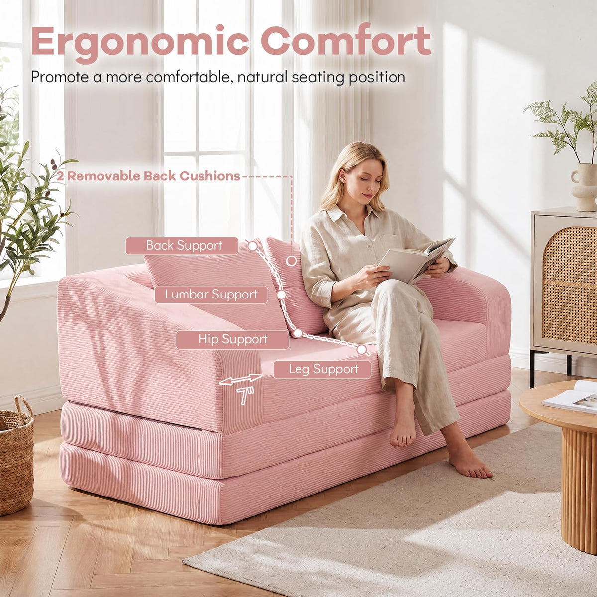 61" Pink Convertible Futon Sofa Bed T415284