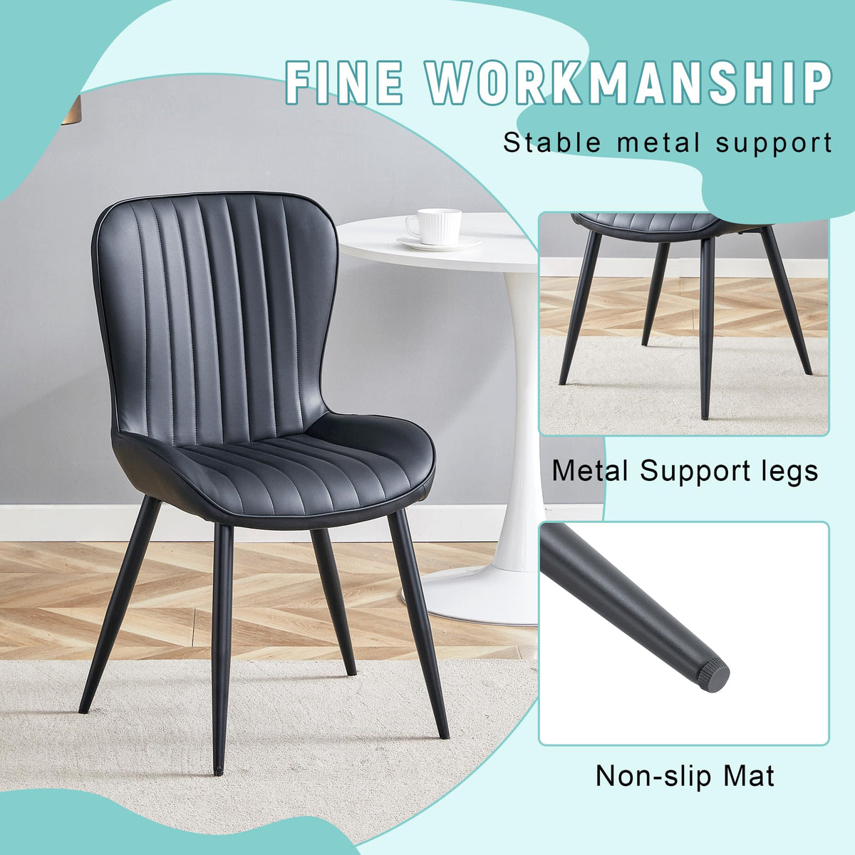 Black Dining Chairs Set of 4 PU Leather Metal Leg Z939