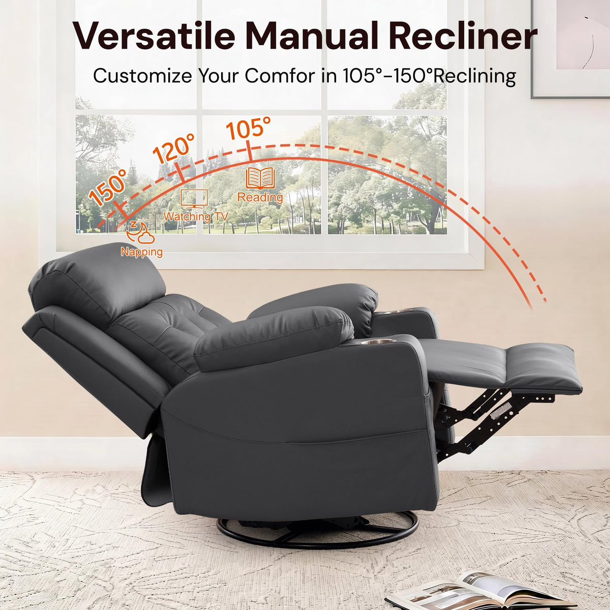 Oversized Swivel Rocker Recliner with Heat and Massage, Faux Leather, Grey N4090