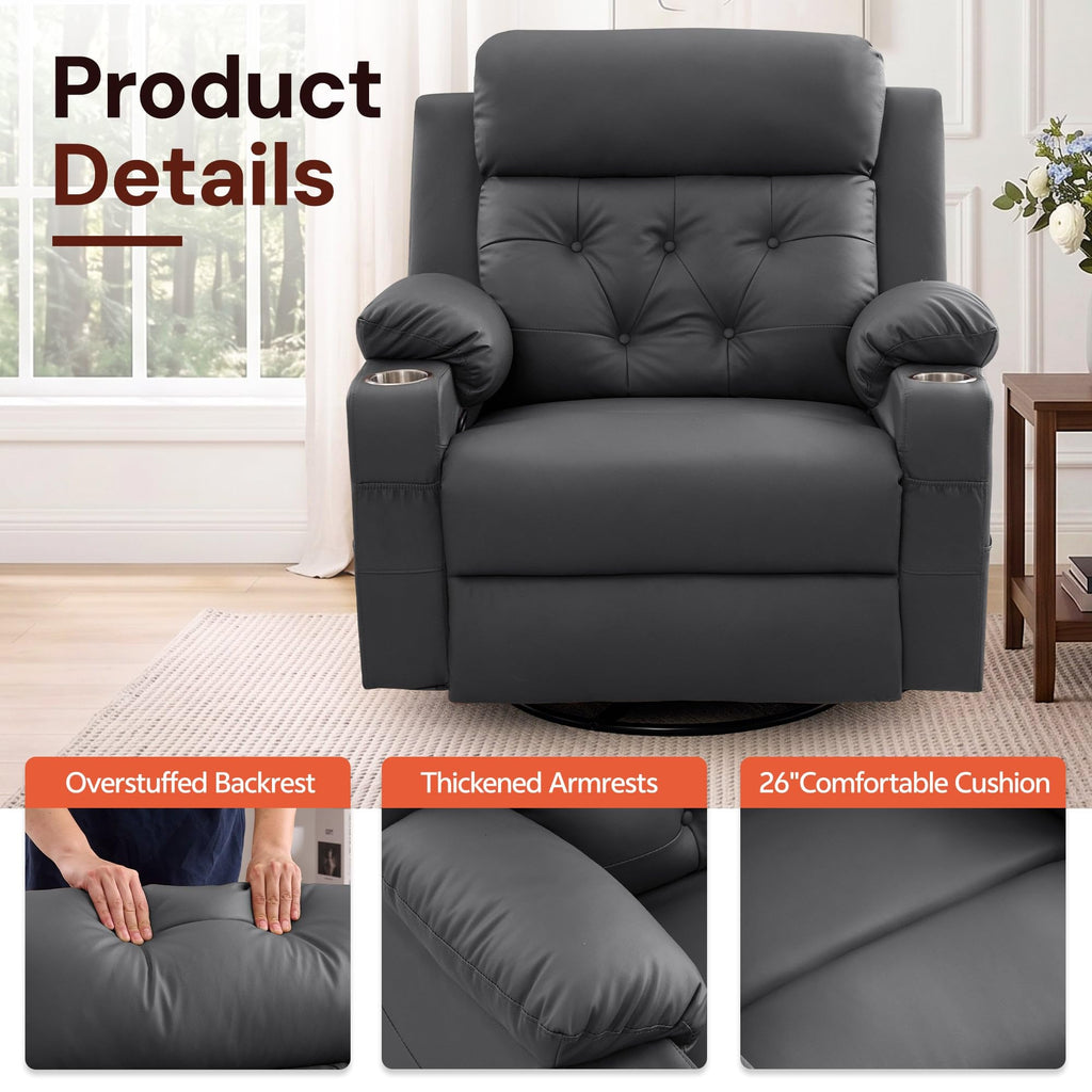 Oversized Swivel Rocker Recliner with Heat and Massage, Faux Leather, Grey N4090