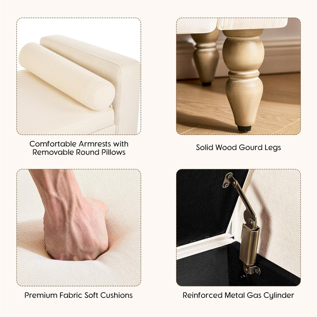 Beige Linen Storage Ottoman Bench I58855