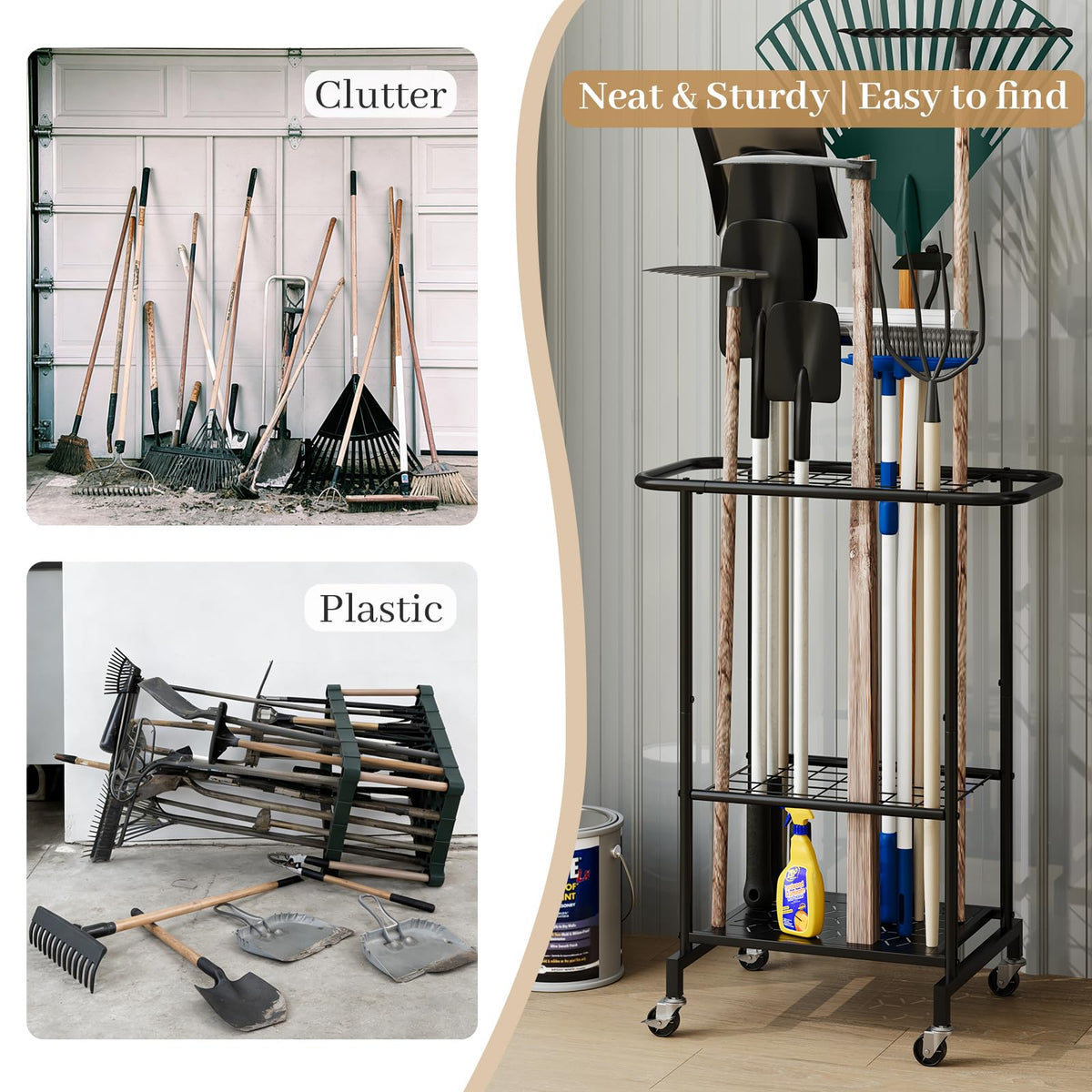 Heavy Duty Metal Garden Tool Organizer with Wheels E4316