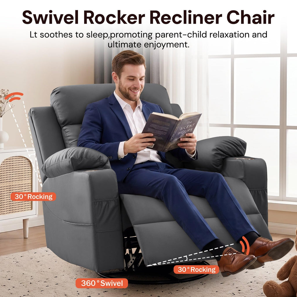 Oversized Swivel Rocker Recliner with Heat and Massage, Faux Leather, Grey N4090