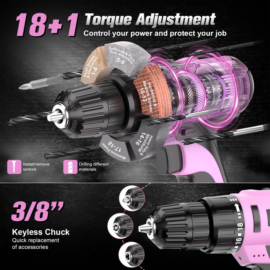 20V Cordless Pink Drill Set with Battery & Charger Q31148