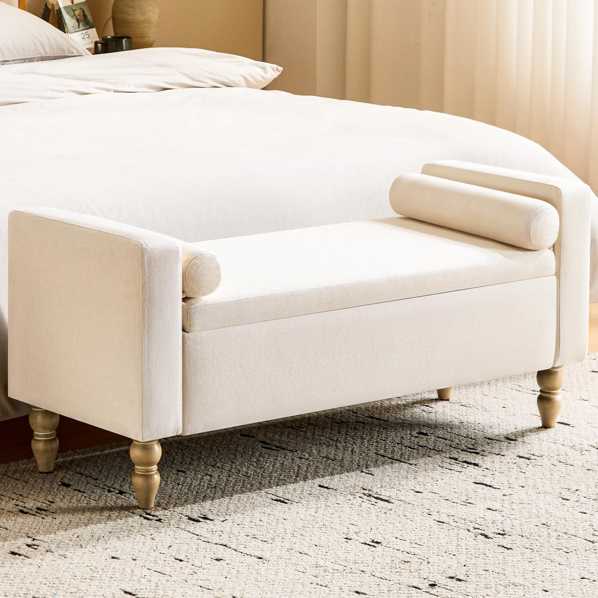 Beige Linen Storage Ottoman Bench I58855