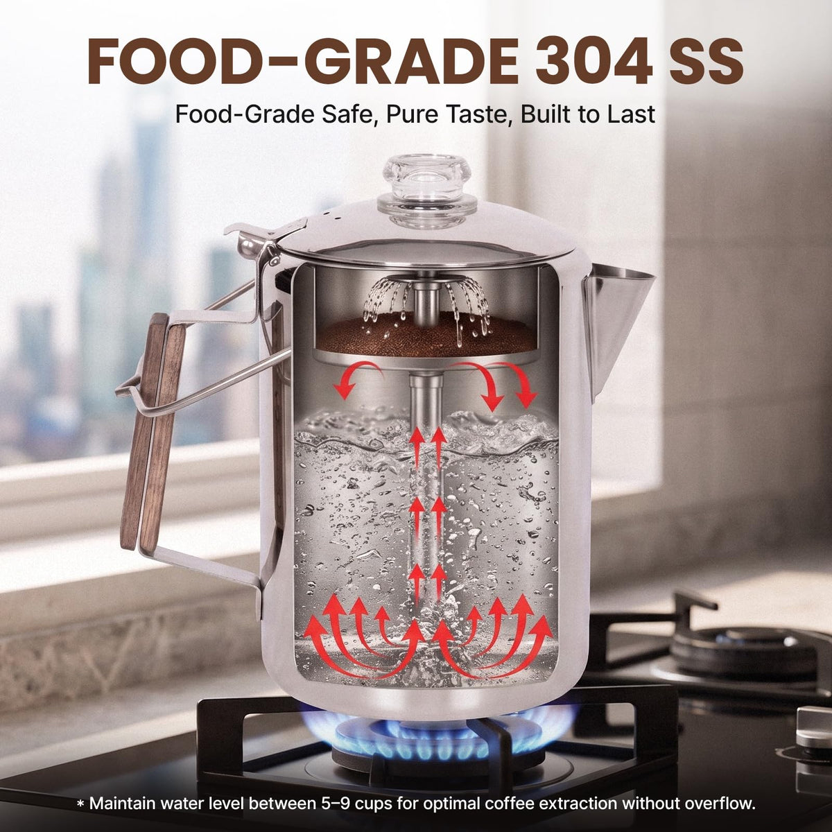 9 Cup Stainless Steel Coffee Pot with Wood Handle Z5910