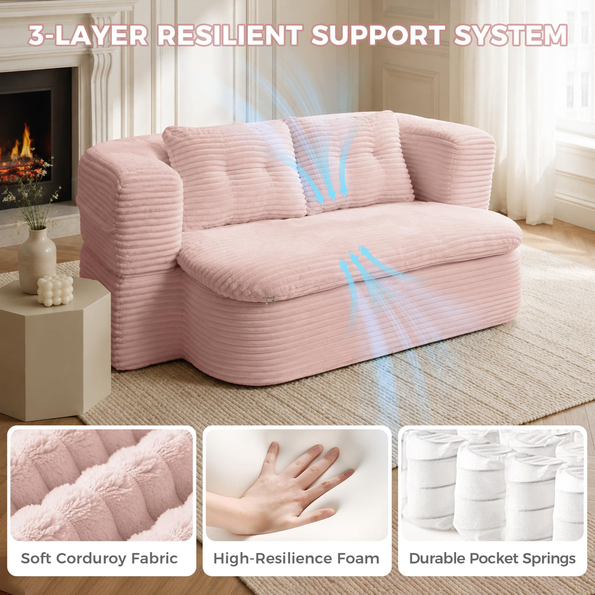 Pink Corduroy Convertible Sofa Bed R531605