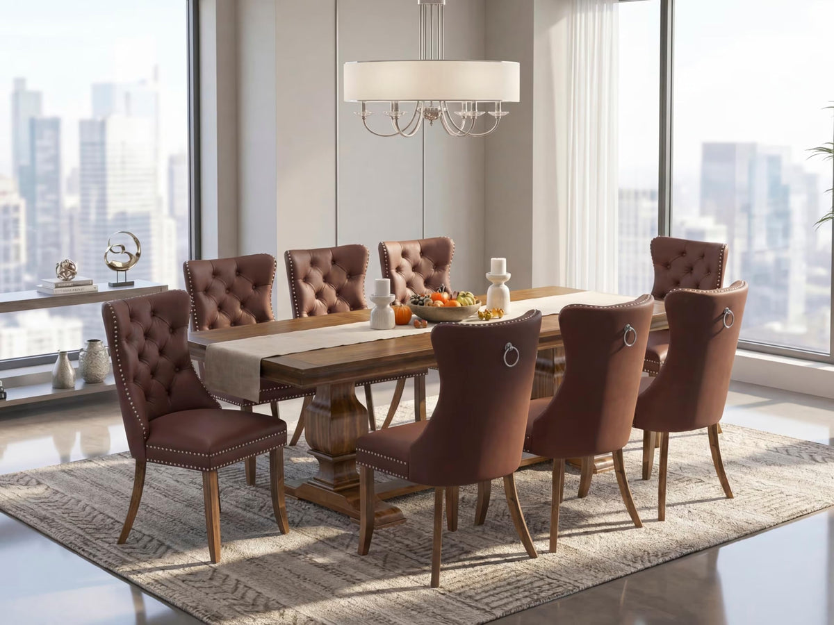 9 Piece Mid-Century Dining Table Set with 8 Burgundy Polyester Chairs J35189