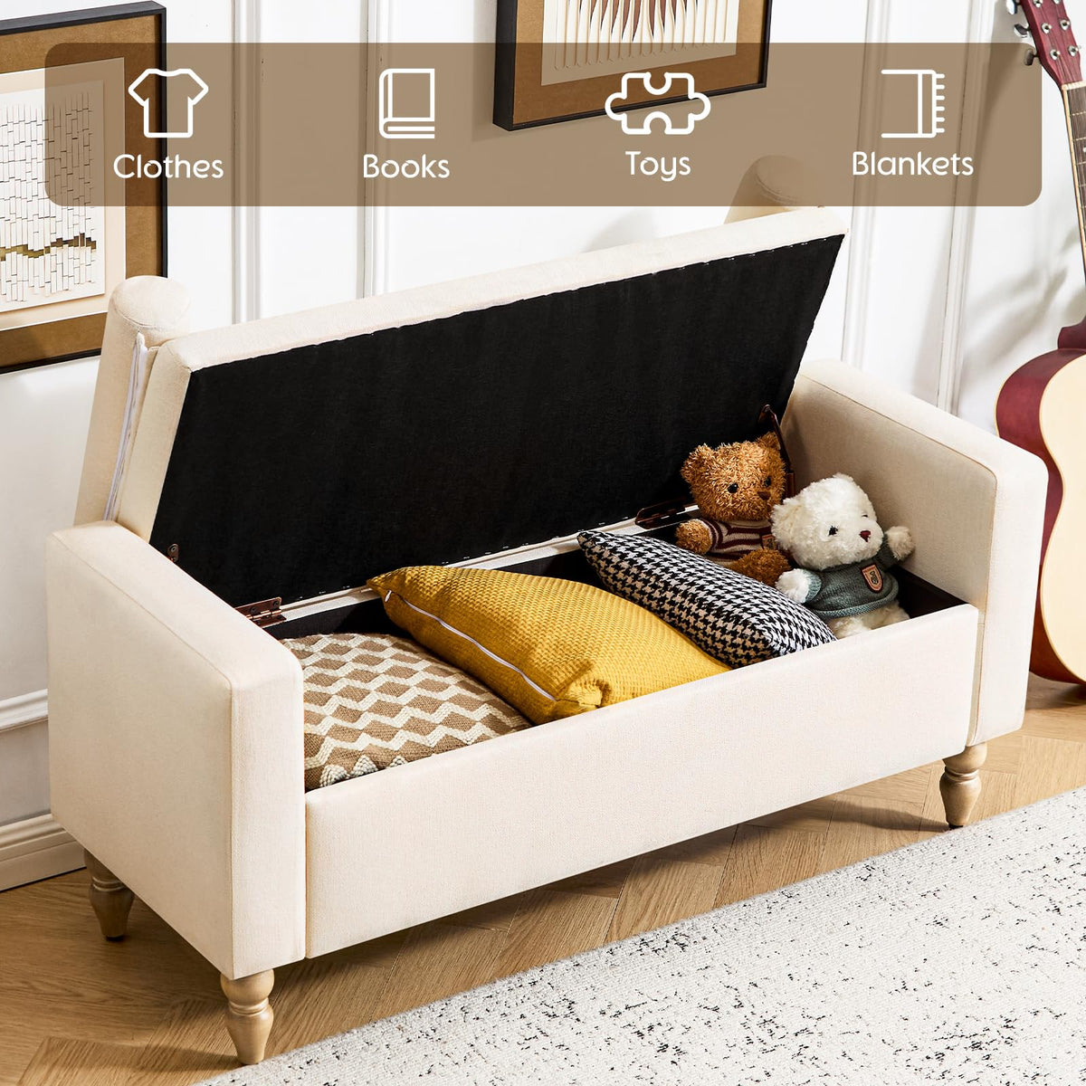 Beige Linen Storage Ottoman Bench I58855