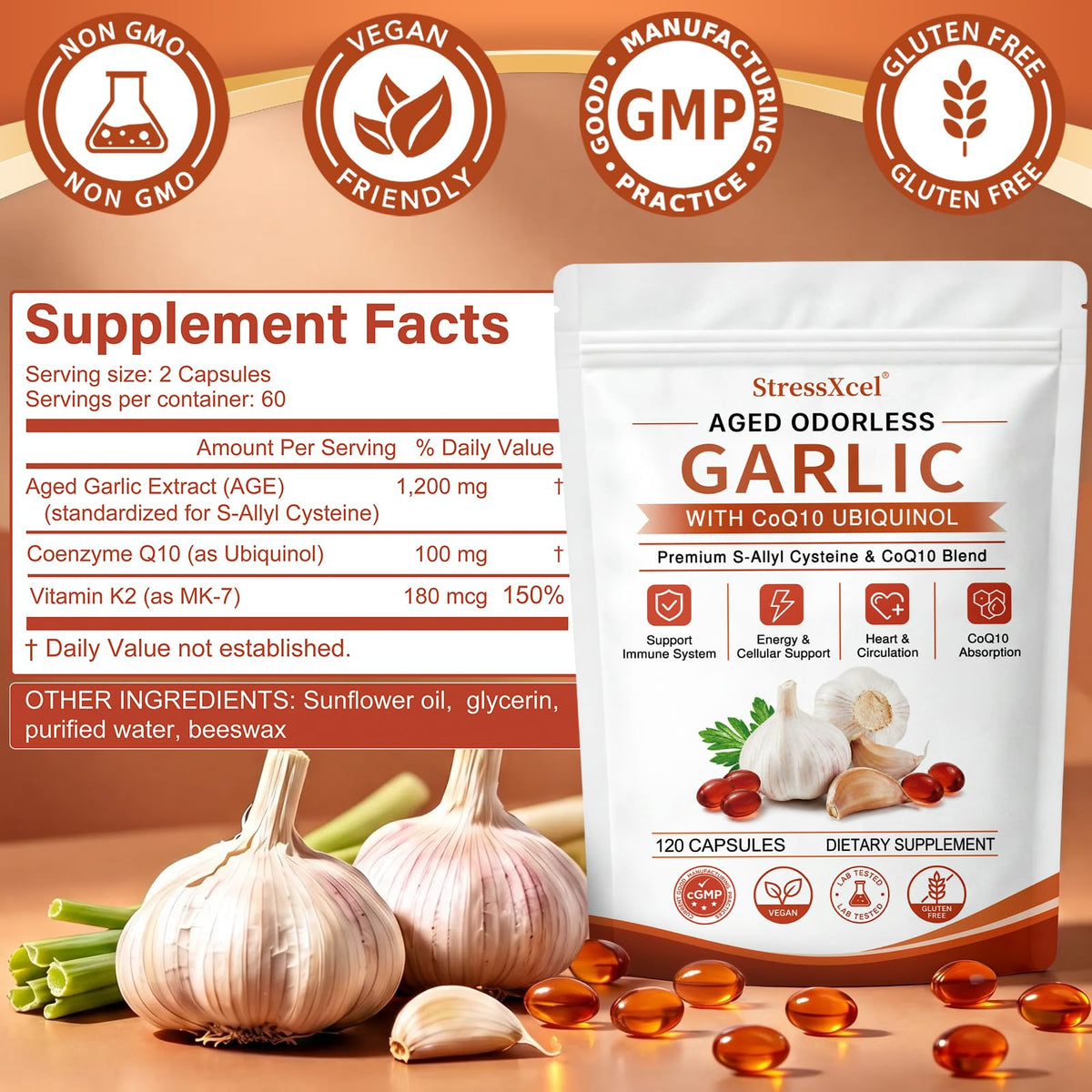 Odorless Garlic Extract Softgels with CoQ10 Ubiquinol and Vitamin K2 120 Softgels M89819