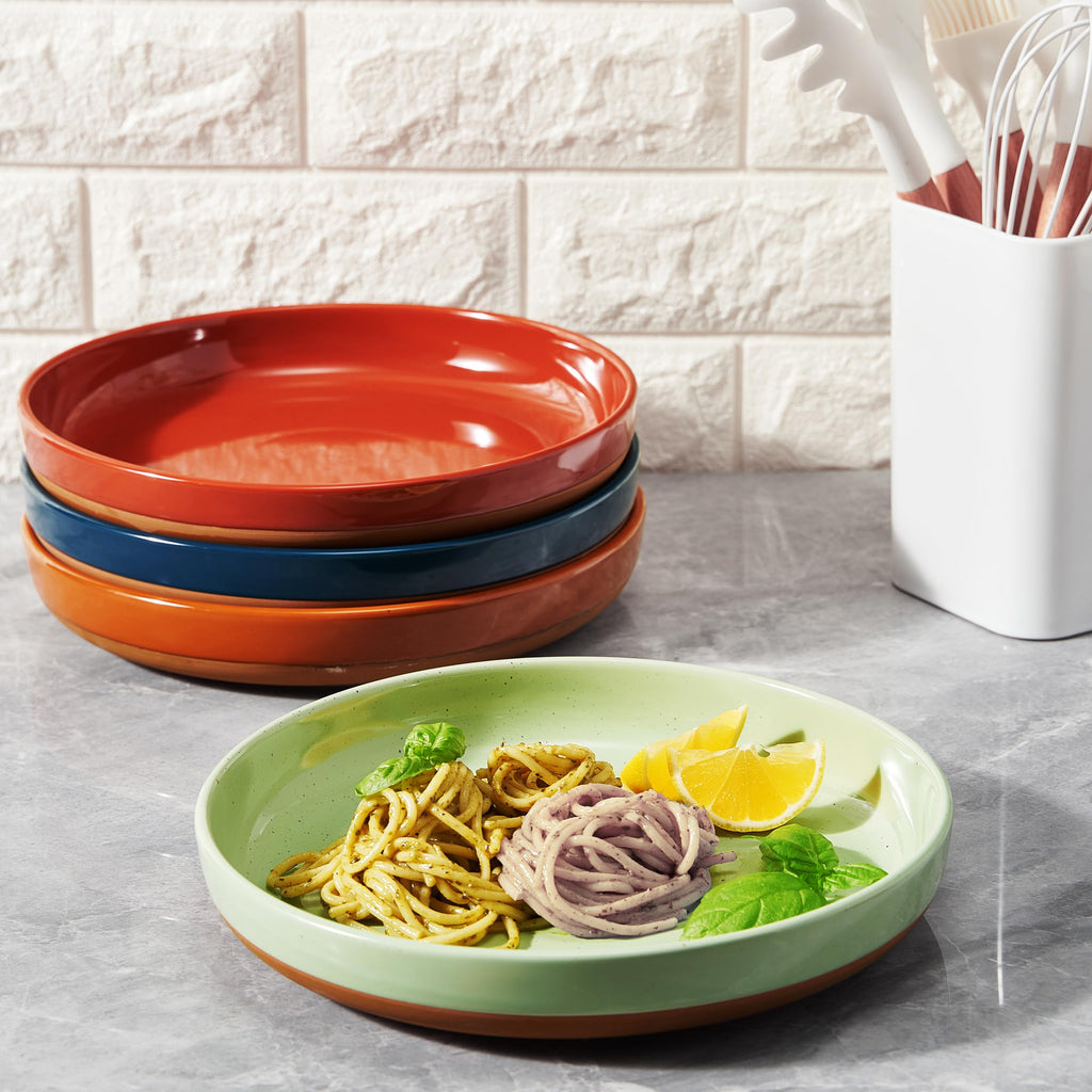 Ceramic Flat Pasta Bowl Plate Set of 4, 35oz Microwave Safe M520261
