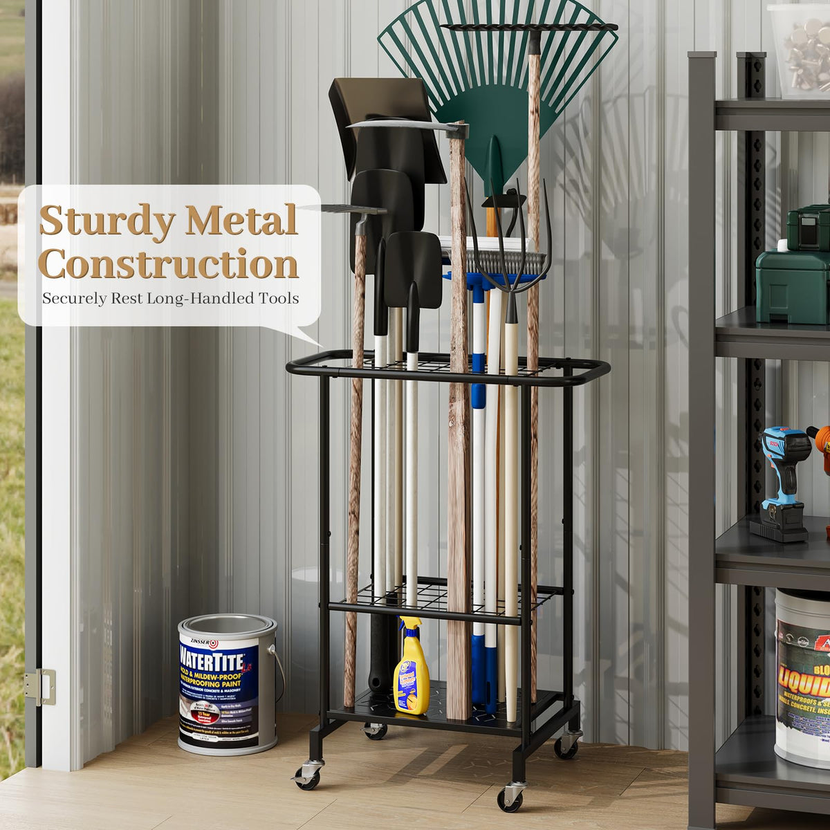 Heavy Duty Metal Garden Tool Organizer with Wheels E4316