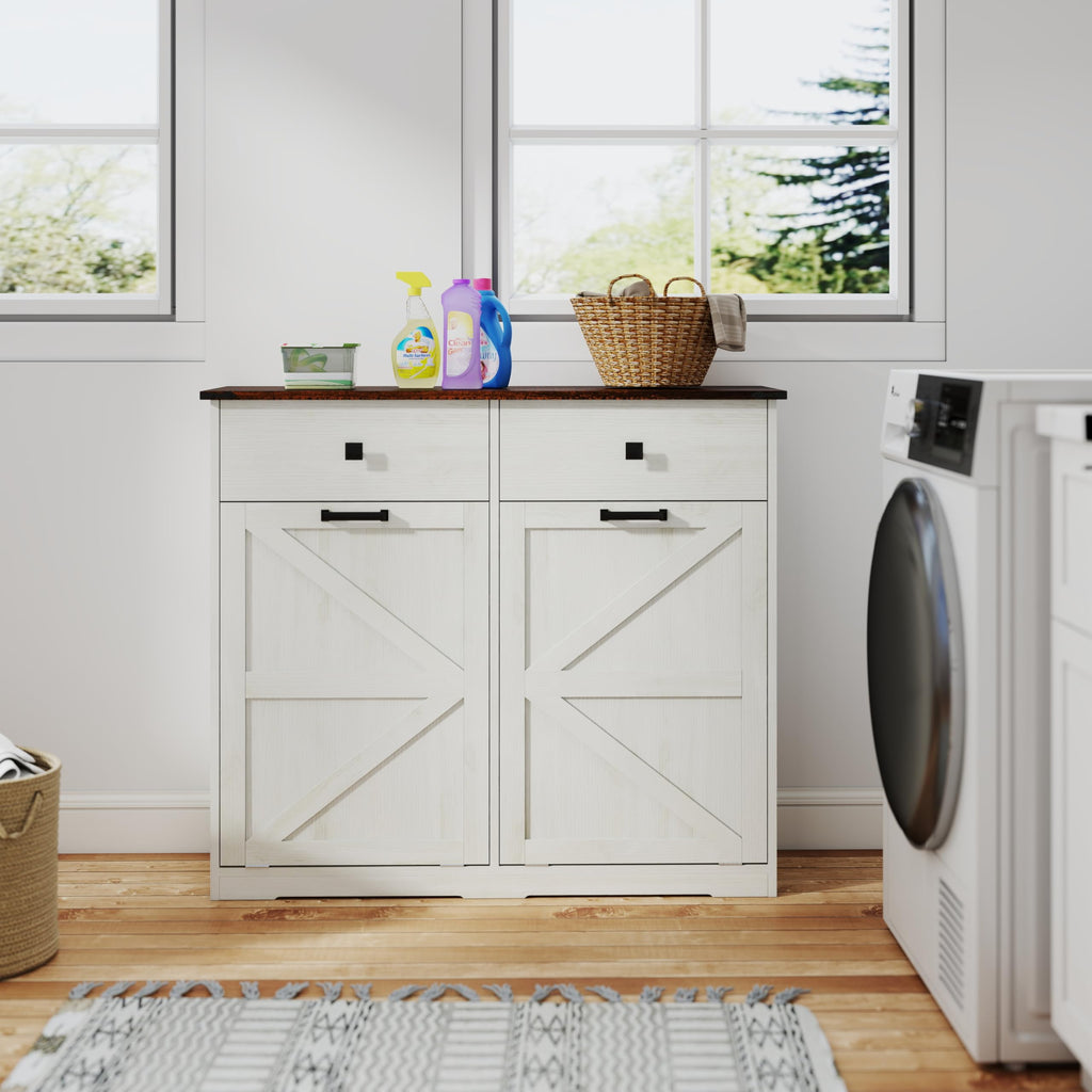 20 Gallon Double Tilt Out Laundry Hamper Cabinet with Drawers Z8296