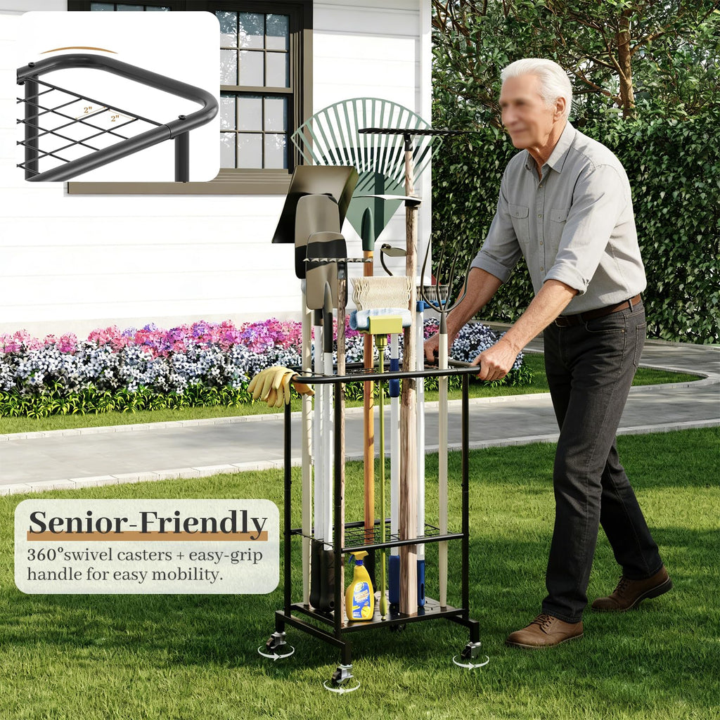 Heavy Duty Metal Garden Tool Organizer with Wheels E4316