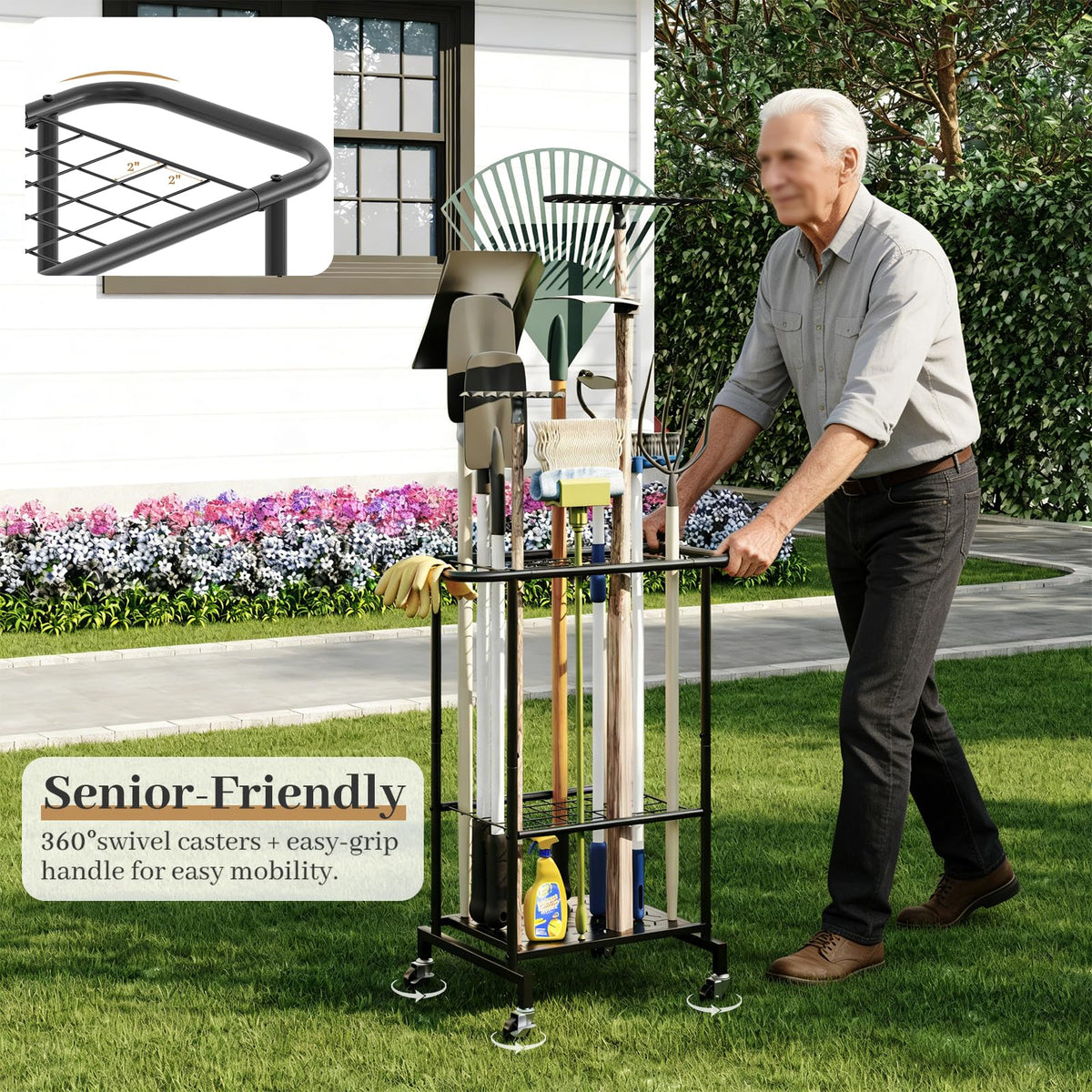Heavy Duty Metal Garden Tool Organizer with Wheels E4316