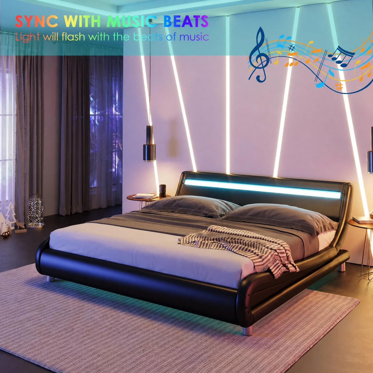 Black Upholstered Full LED Platform Bed Frame with Headboard F994650