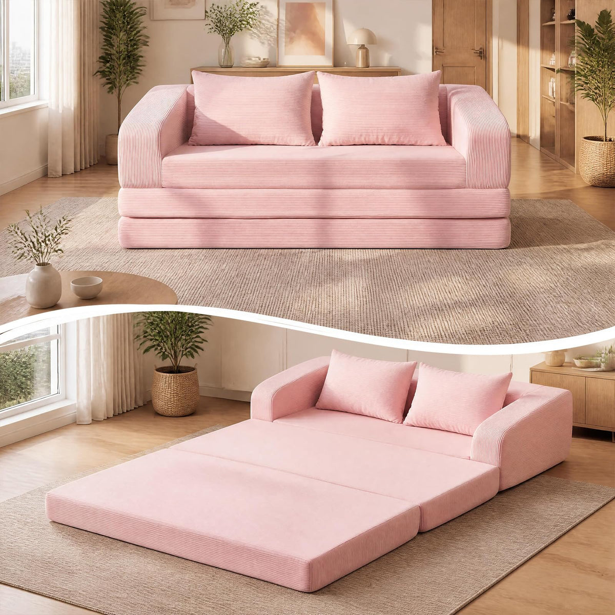 61" Pink Convertible Futon Sofa Bed T415284