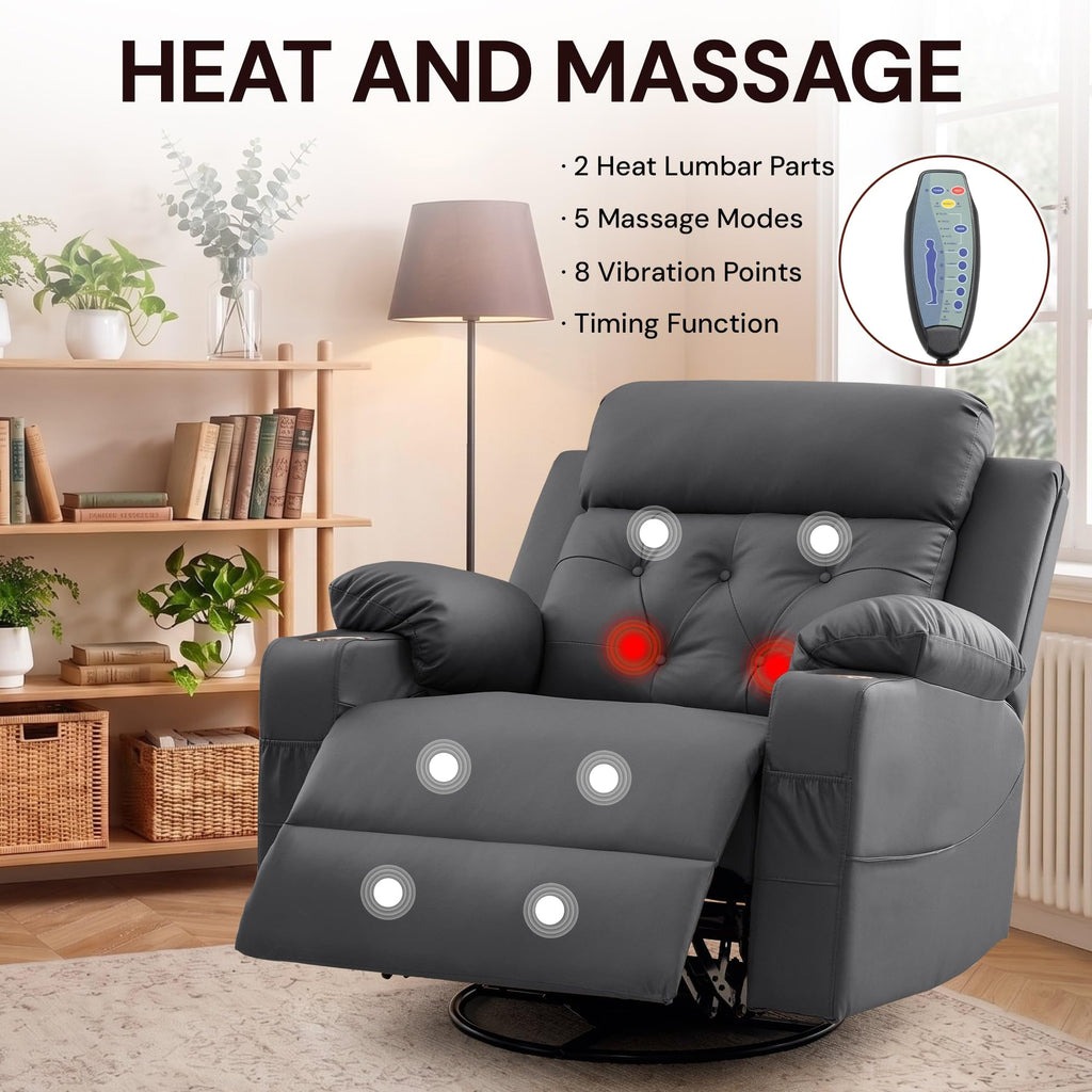 Oversized Swivel Rocker Recliner with Heat and Massage, Faux Leather, Grey N4090