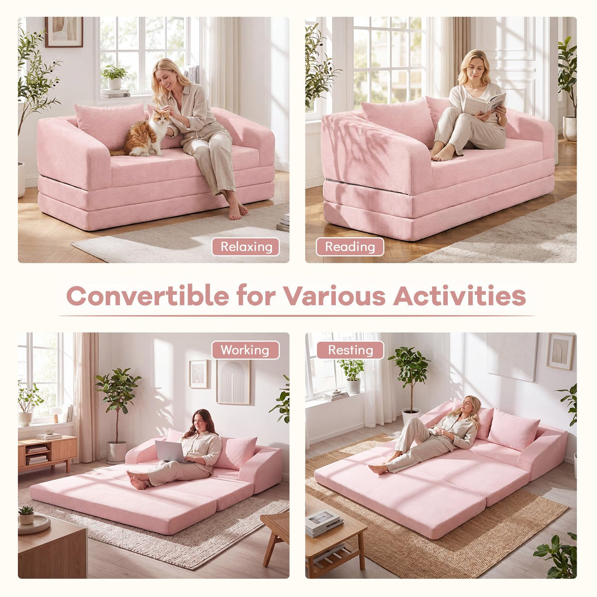 61" Pink Convertible Futon Sofa Bed T415284