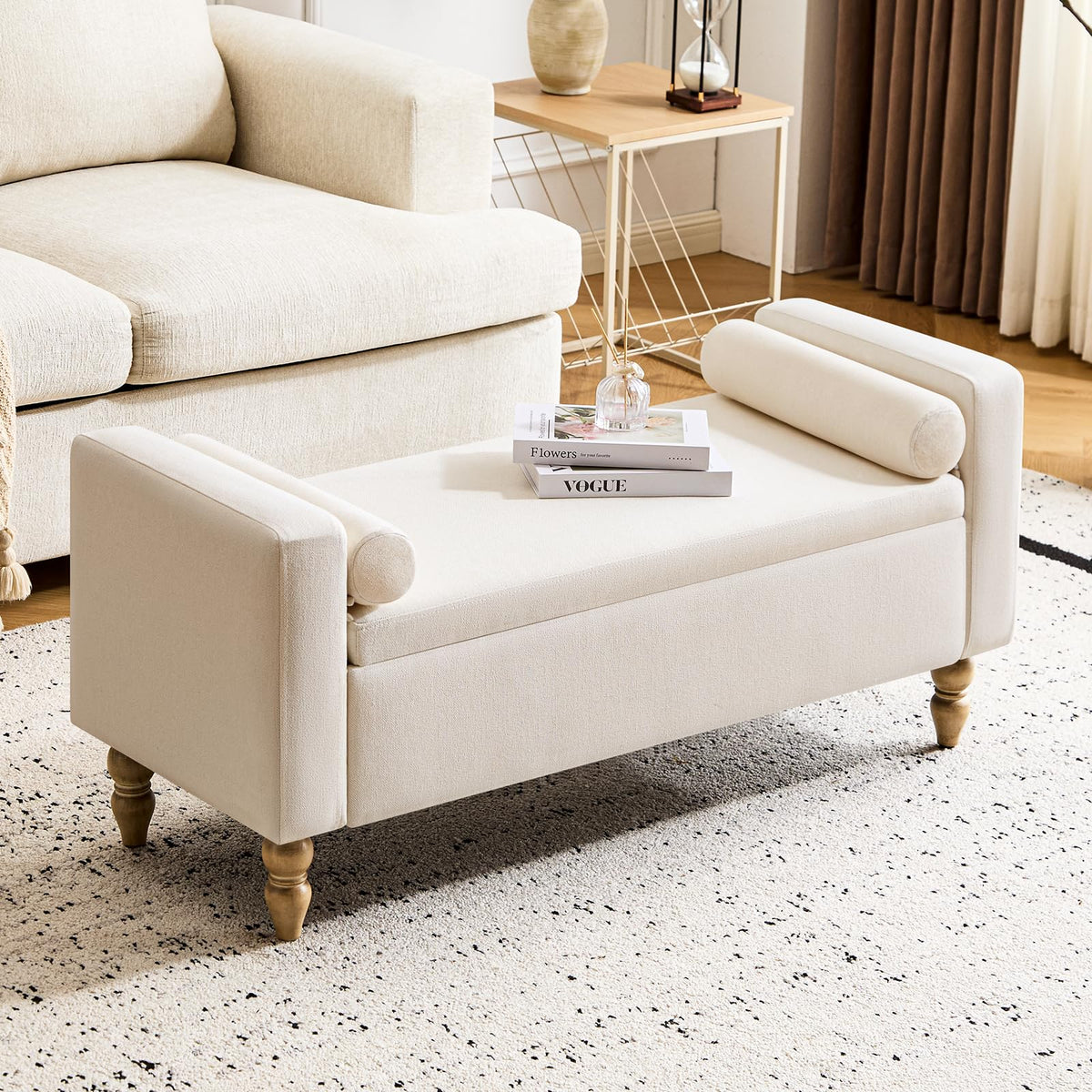 Beige Linen Storage Ottoman Bench I58855