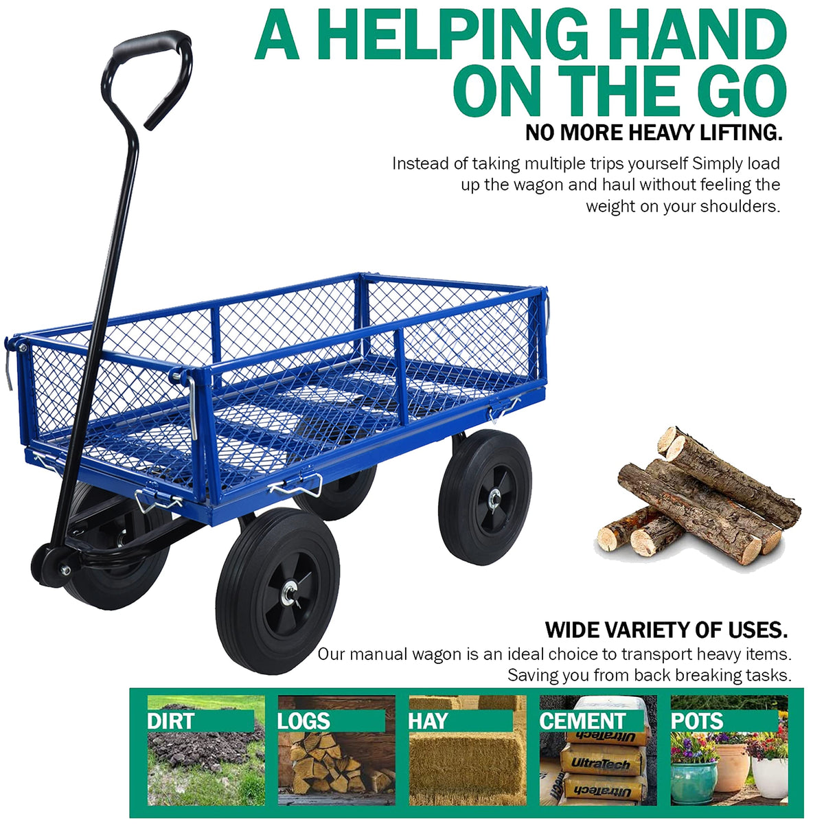 10" Flat Free Steel Garden Wagon Cart with Mesh A585