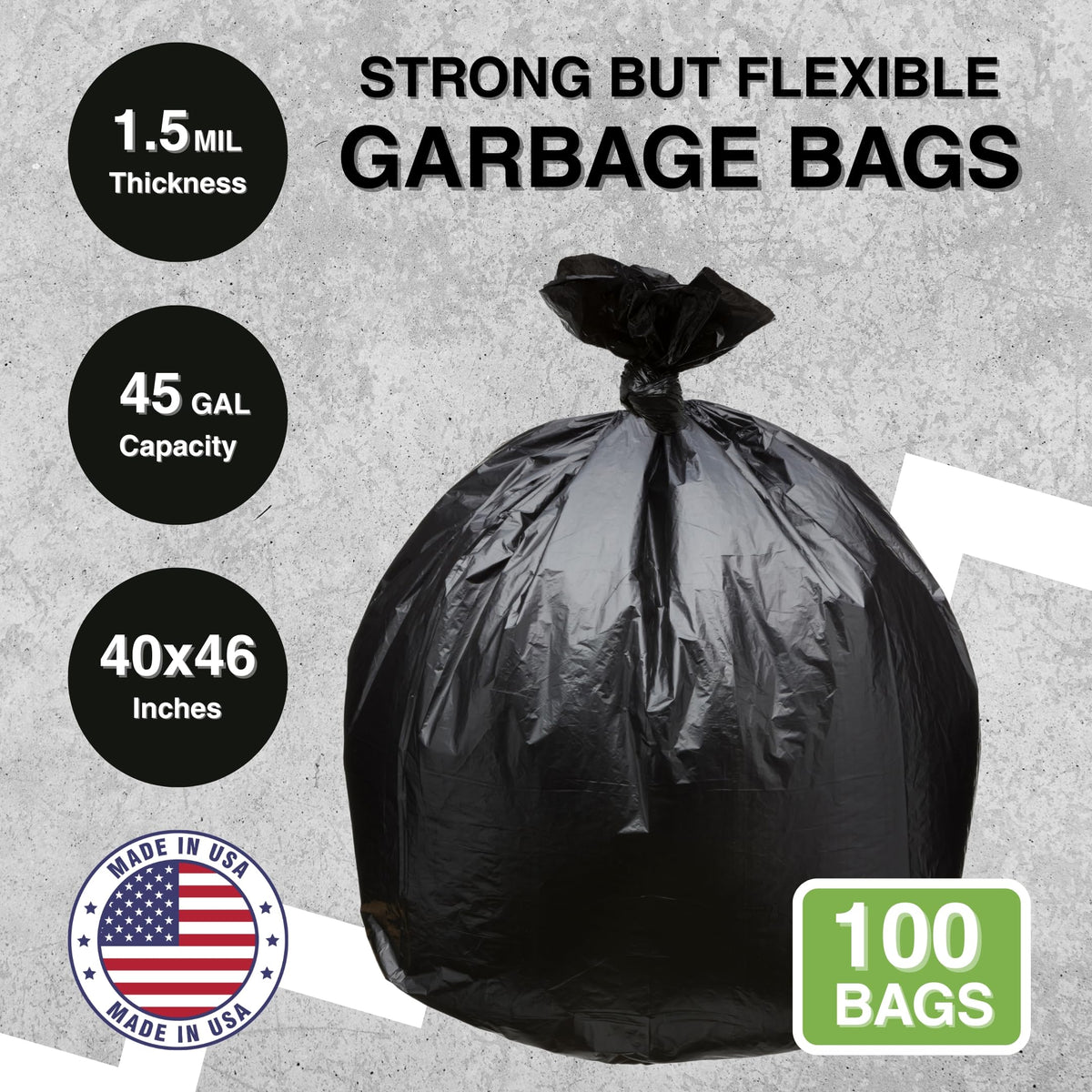 45 Gallon Black 1.5 Mil Trash Bags 100 Count B80526